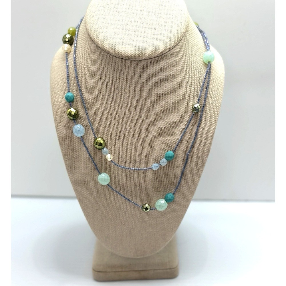 Rachel Long Beaded Necklace Turquoise Green Boho Layering Double Wrap Minimalist